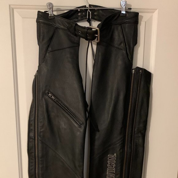 Harley-Davidson Jackets & Blazers - Harley Davidson Womens Black Leather Lined Chaps Pockets Adjustable Waist Small